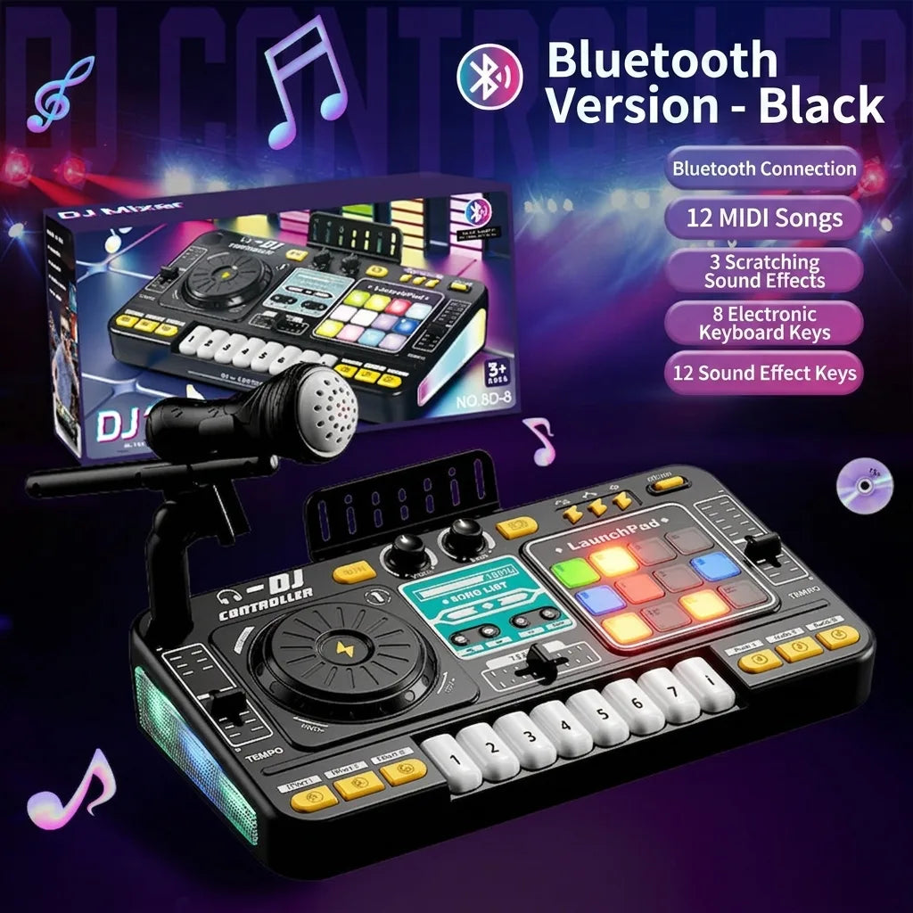 Children’s Bluetooth DJ turntable music toy with microphone, black console and pads