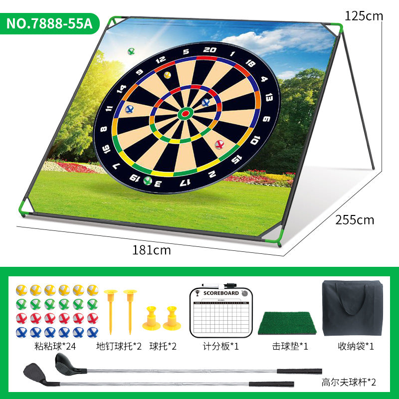 Golf game mat with stand, dartboard bullseye target with outdoor scene and scoring numbers.