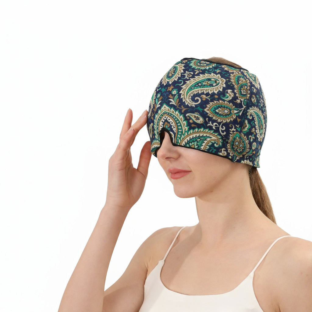 Gel ice & hot compress head hood with teal and gold paisley print cap