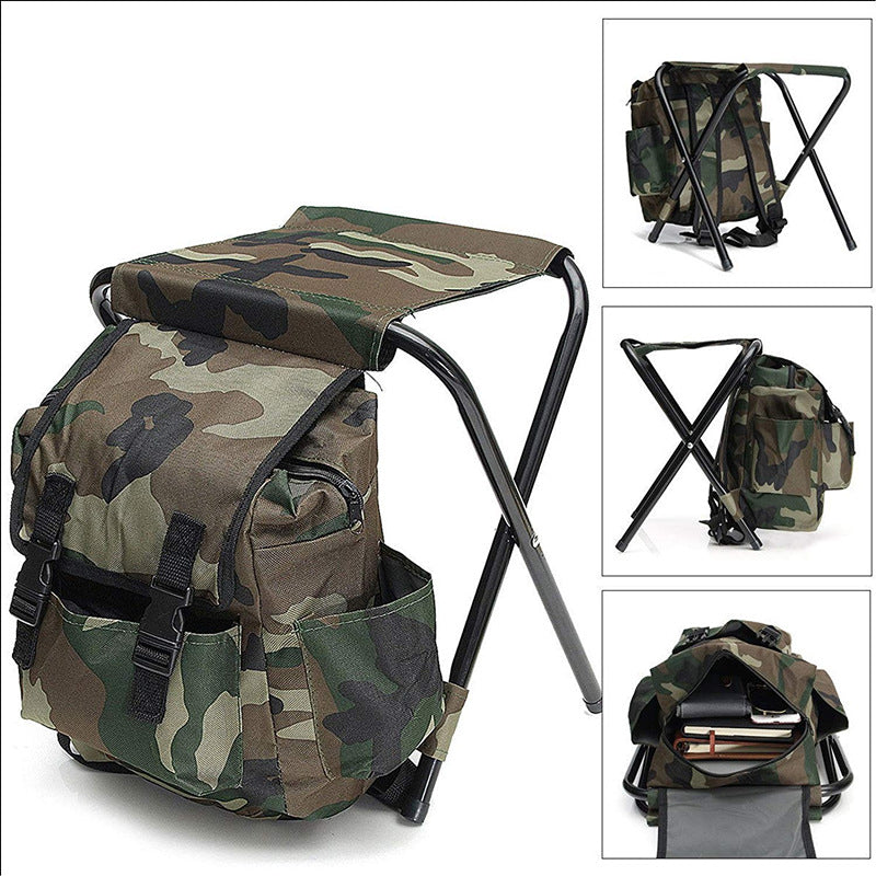 Camouflage foldable camping stool with backpack-style storage bag and black frame.