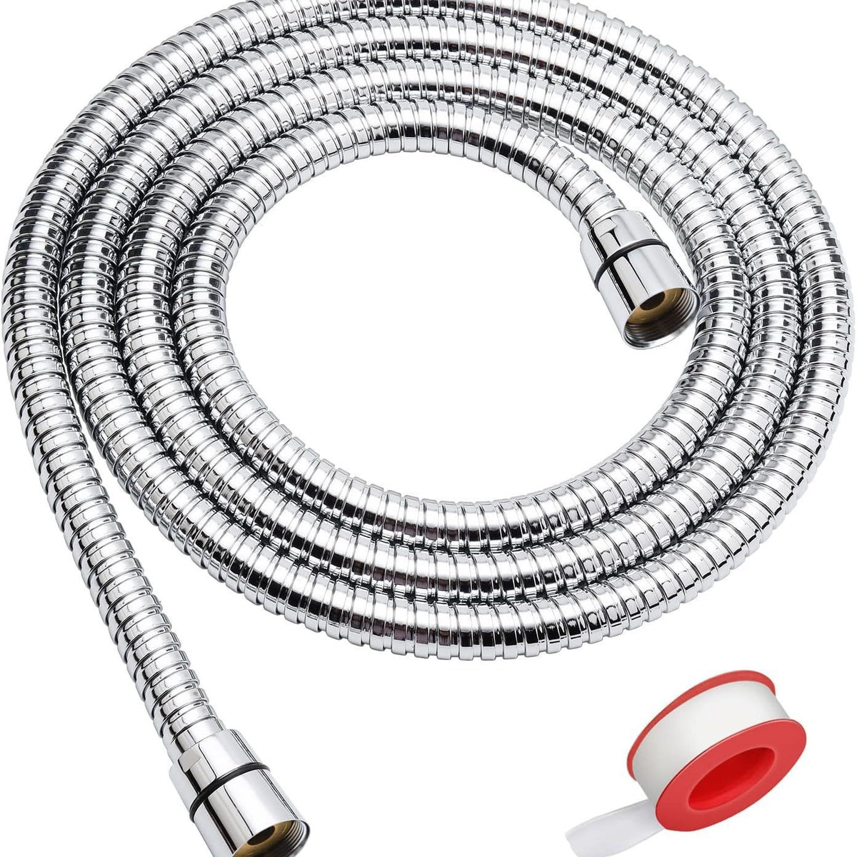 Chrome stainless steel shower hose with metal ends and small flow connector