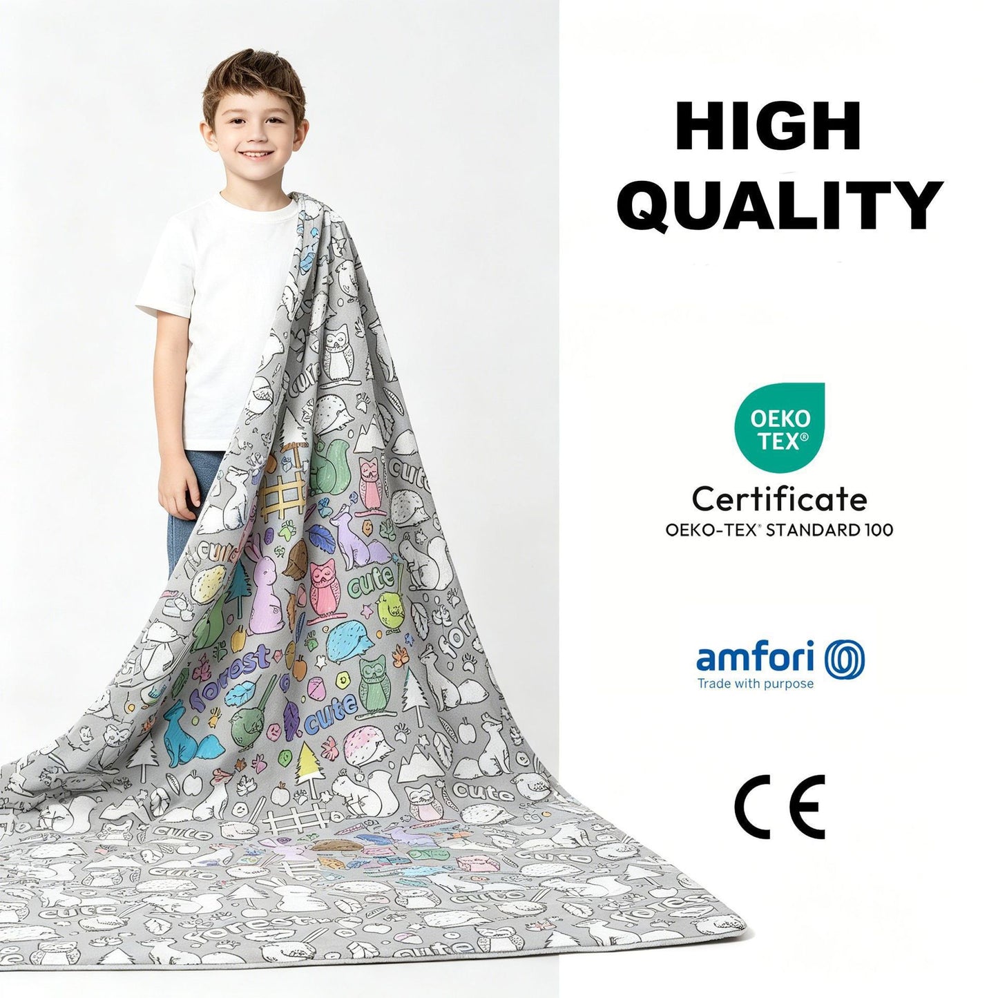 Children's washable coloring blanket with gray cartoon animal pattern, worn as cape