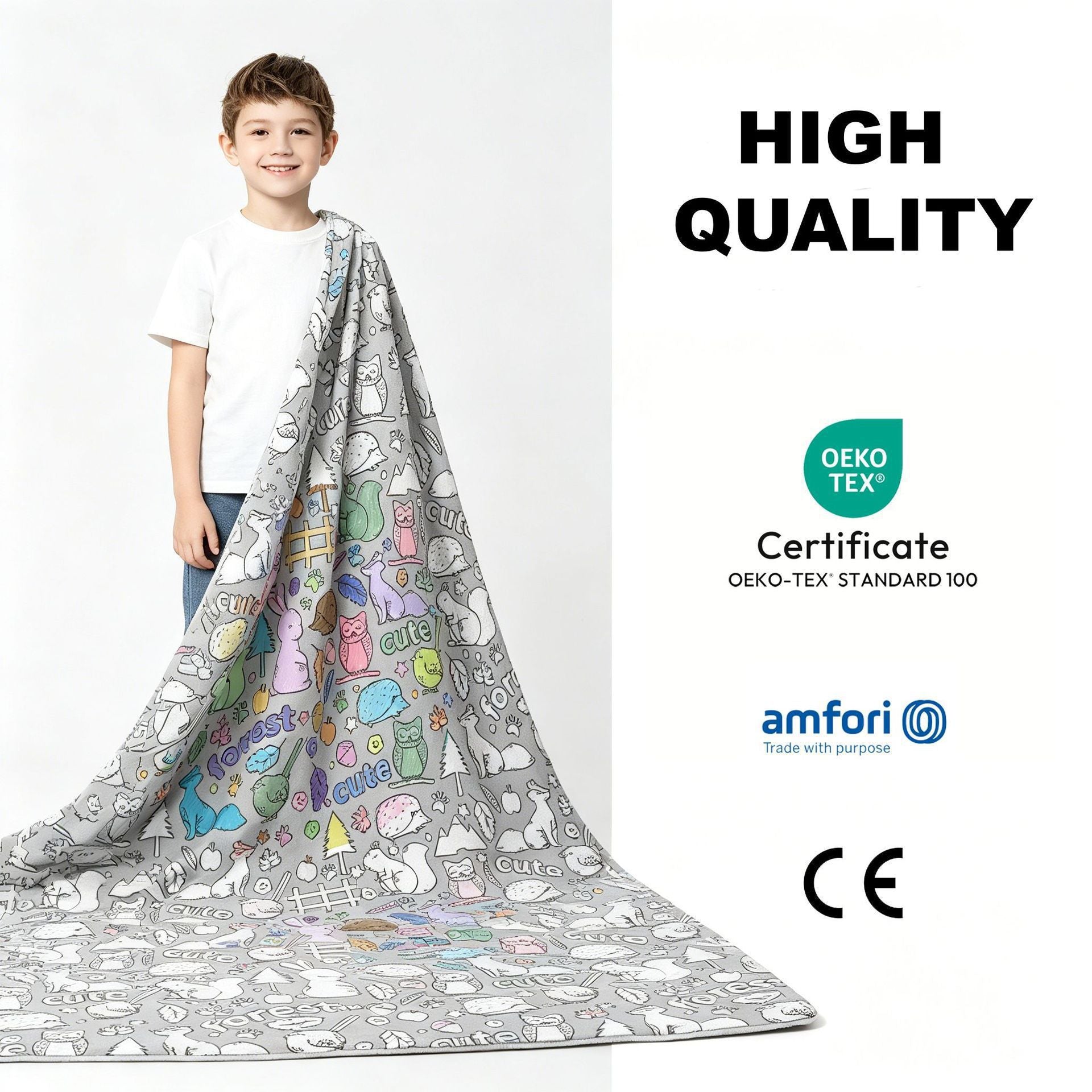 Children's washable coloring blanket with gray cartoon animal pattern, worn as cape