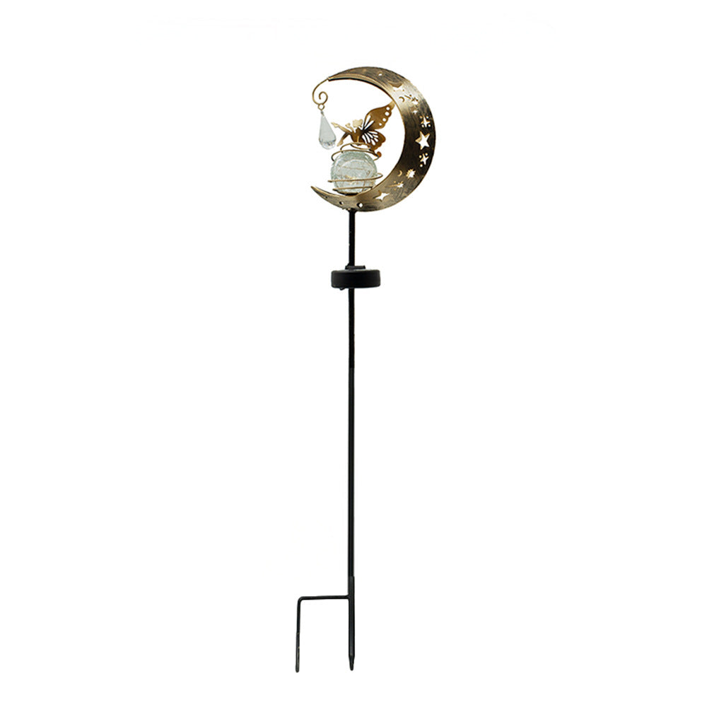 Solar moon garden lamp with black stake, gold crescent, glass globe, fairy details
