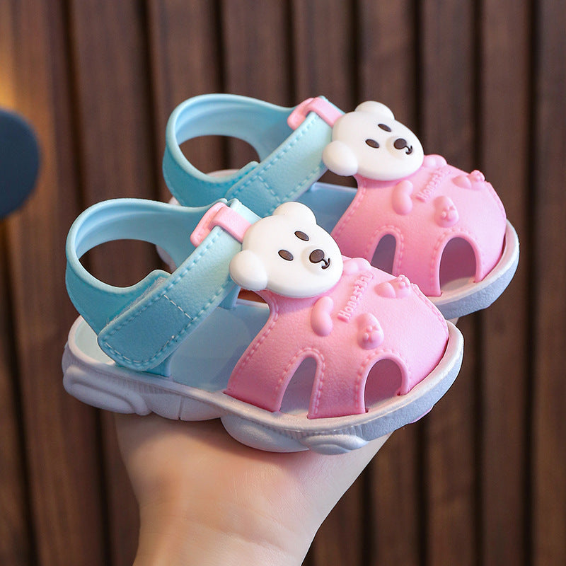Kids bear sandals set, light blue and pink uppers with bear head charms, white soles