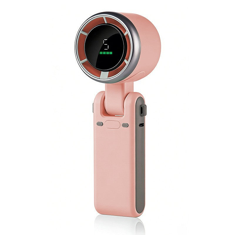 Pink handheld mini neck fan with circular grille and LED speed display