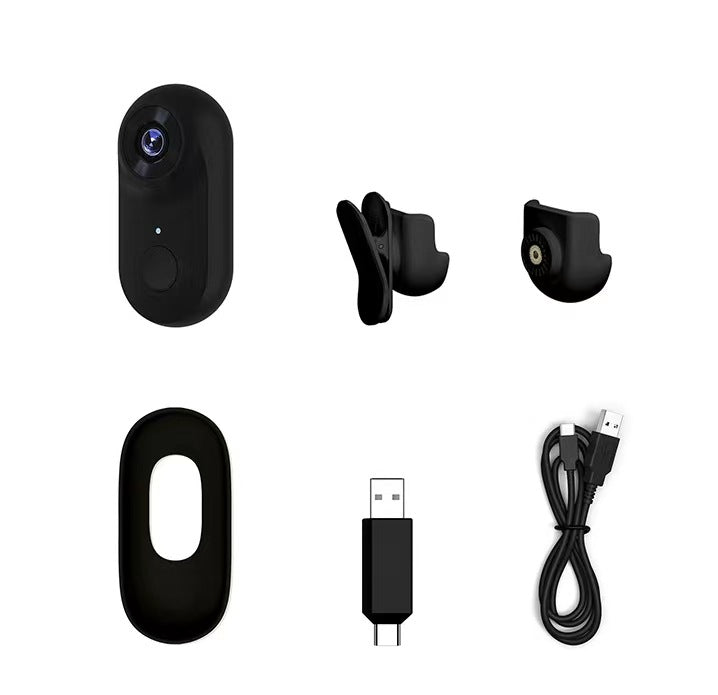 Black mini body camera kit with clips and USB charging cable