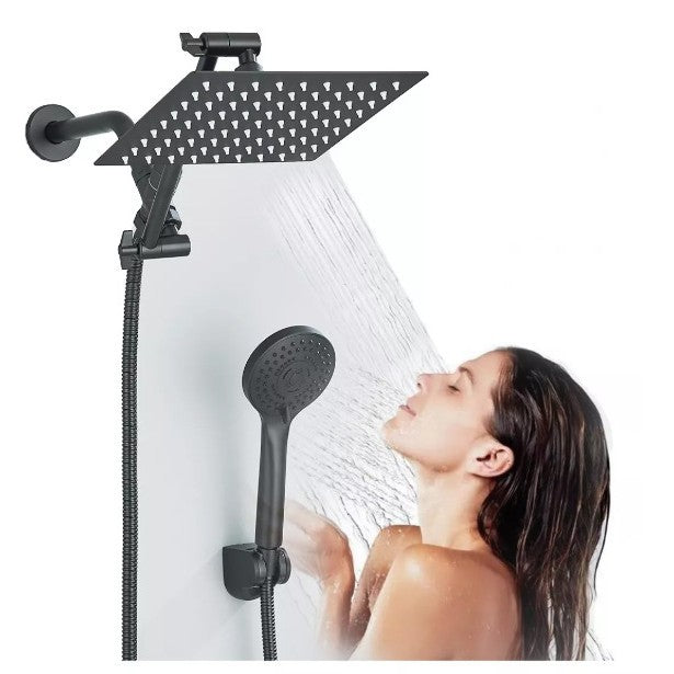 Stainless steel concealed shower set with overhead square rain head and handheld hose