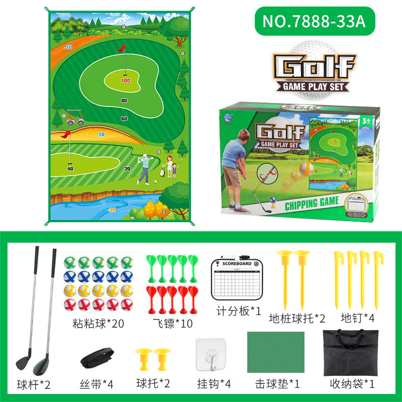 Golf game play set with outdoor-style scoring mat, plus box and included accessories.
