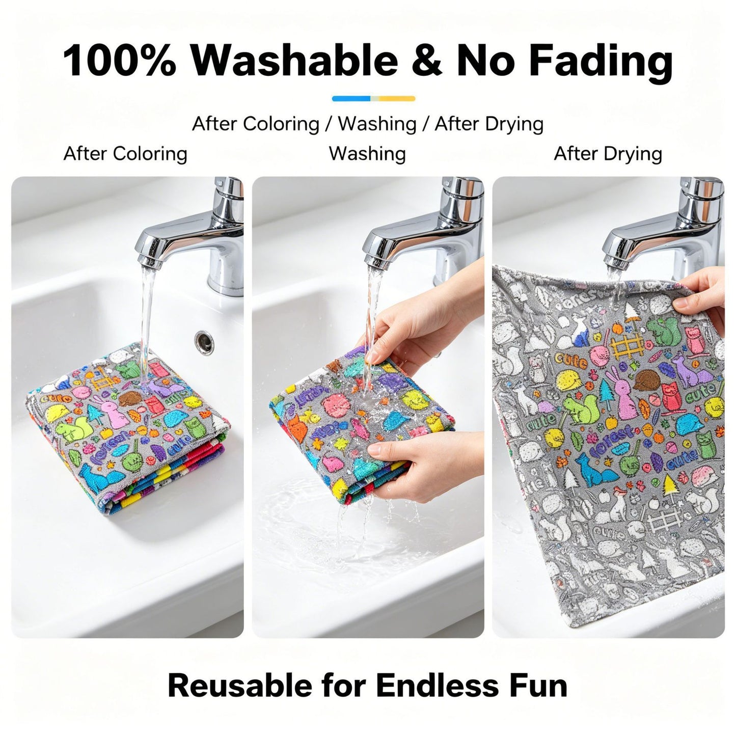 Washable coloring blanket kit showing rinse and drying steps with reusable blanket
