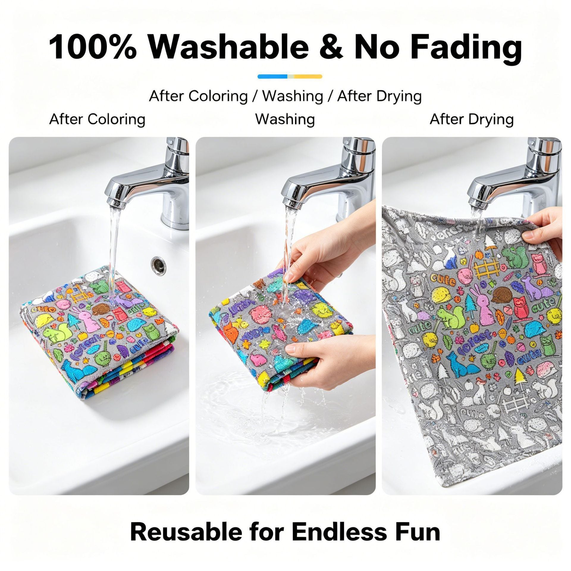 Washable coloring blanket kit showing rinse and drying steps with reusable blanket