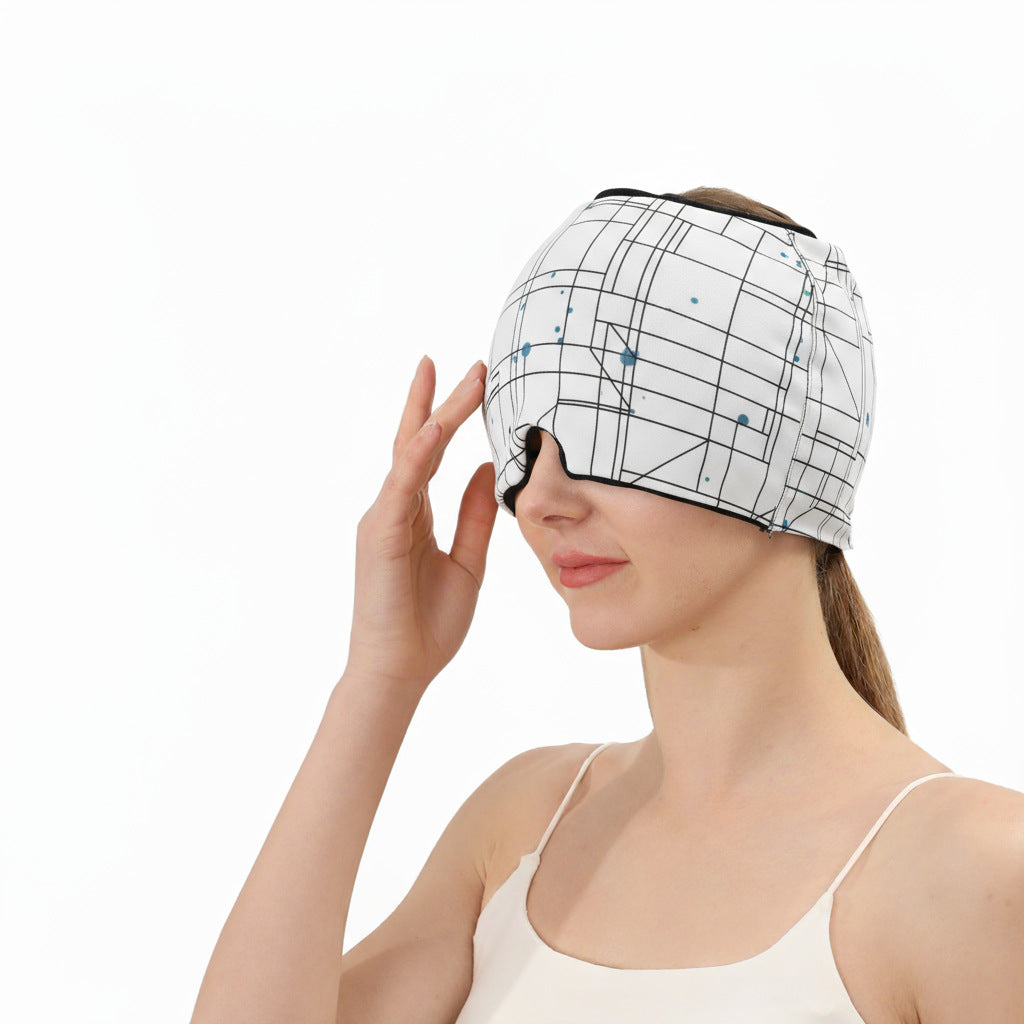 Ice and hot compress head hood, white cap with black grid line pattern