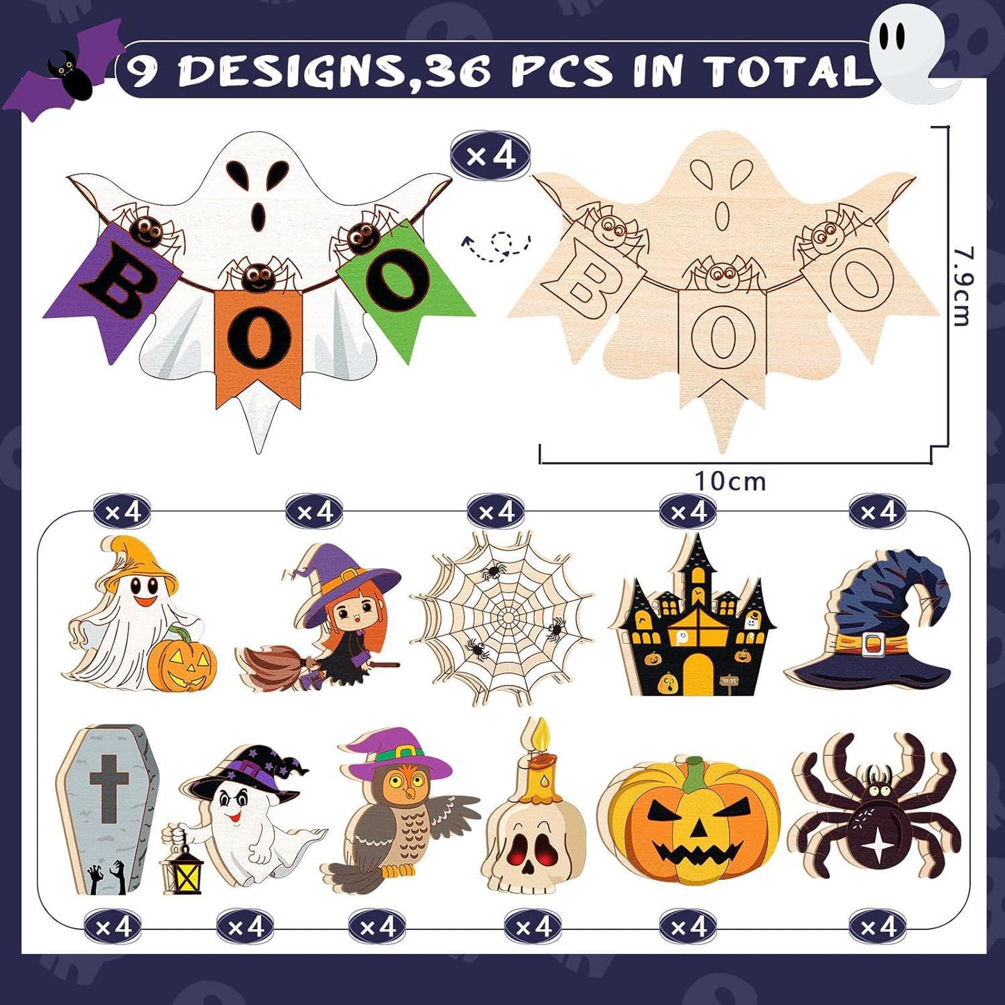 Packaging-style view of Halloween wooden hanging decorations, 9 designs, multiple pieces total