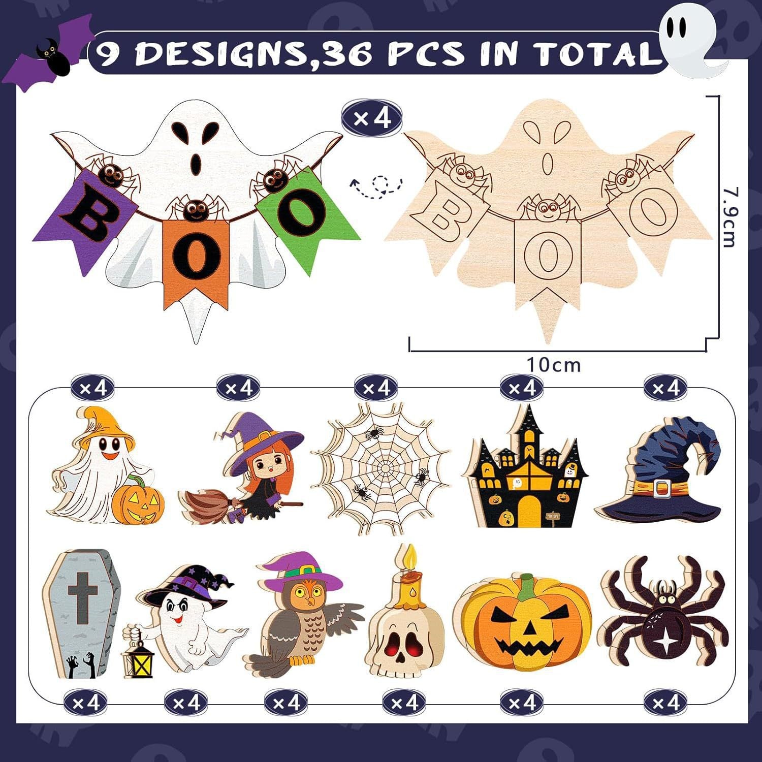 Packaging-style view of Halloween wooden hanging decorations, 9 designs, multiple pieces total