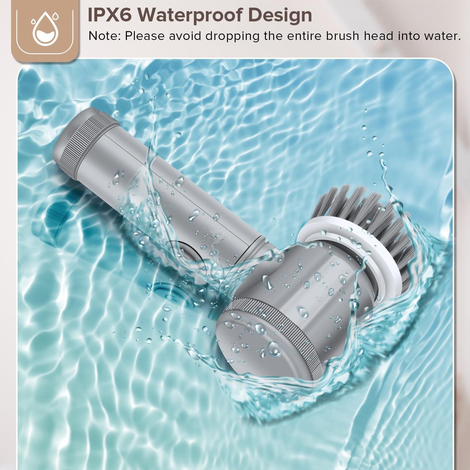Grey electric cleaning brush with spinning bristles and water splash around the head