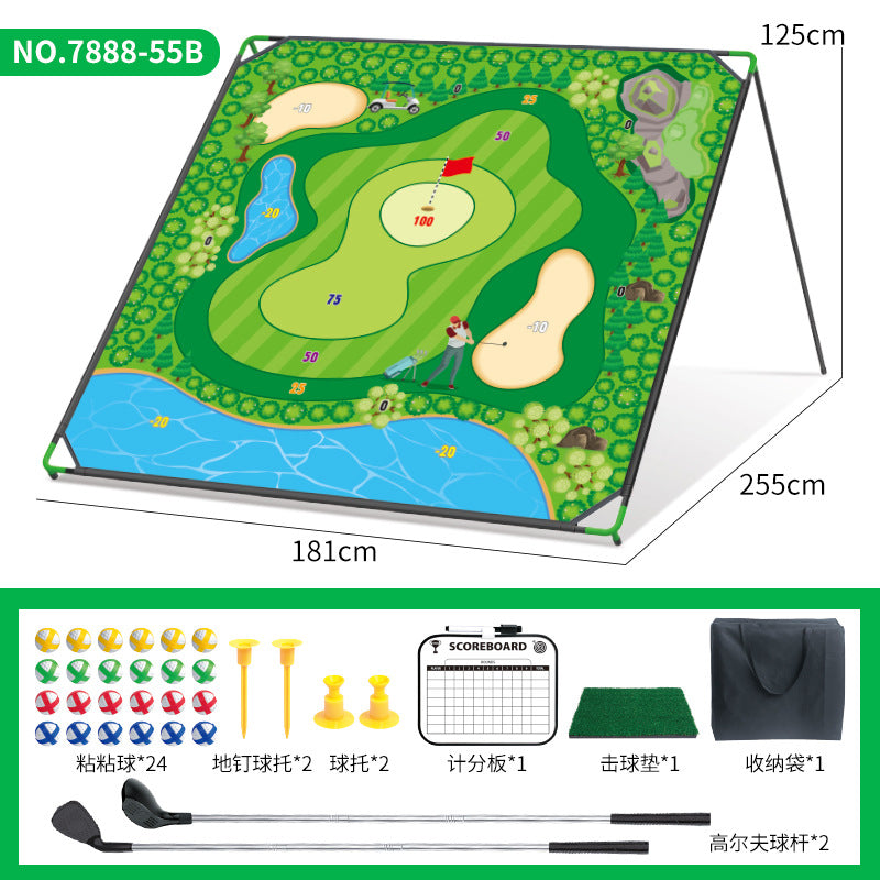 Children’s golf game mat with stand, green course with water pond and numbered targets.
