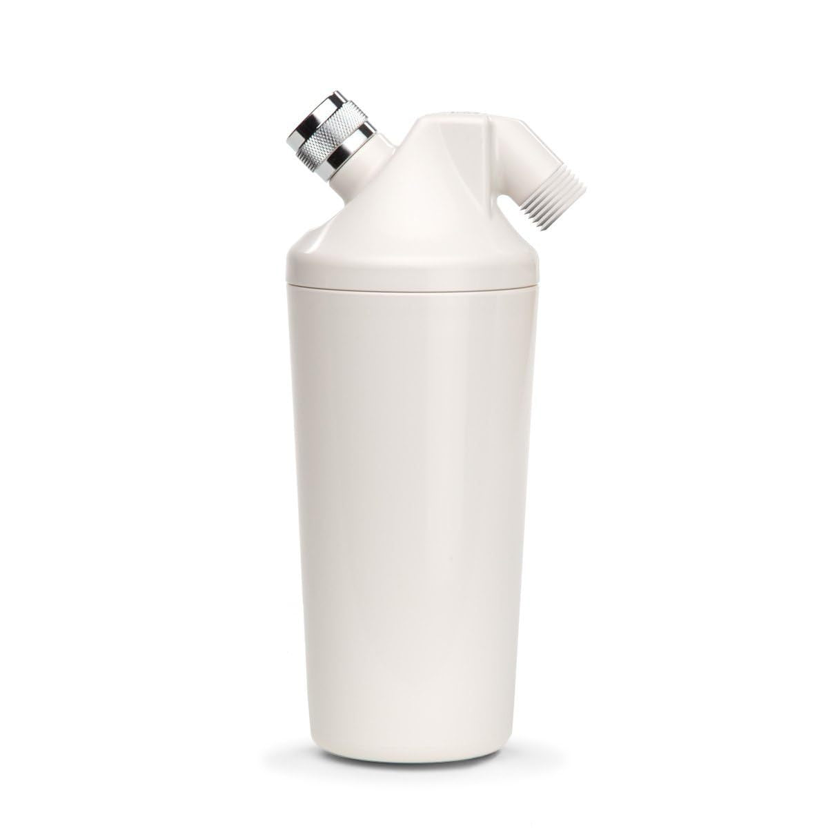White shower filter canister with threaded inlet and outlet fittings