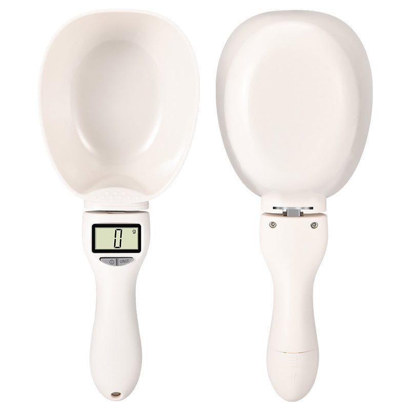 Two white digital weighing spoon scales with LCD displays and measuring bowls