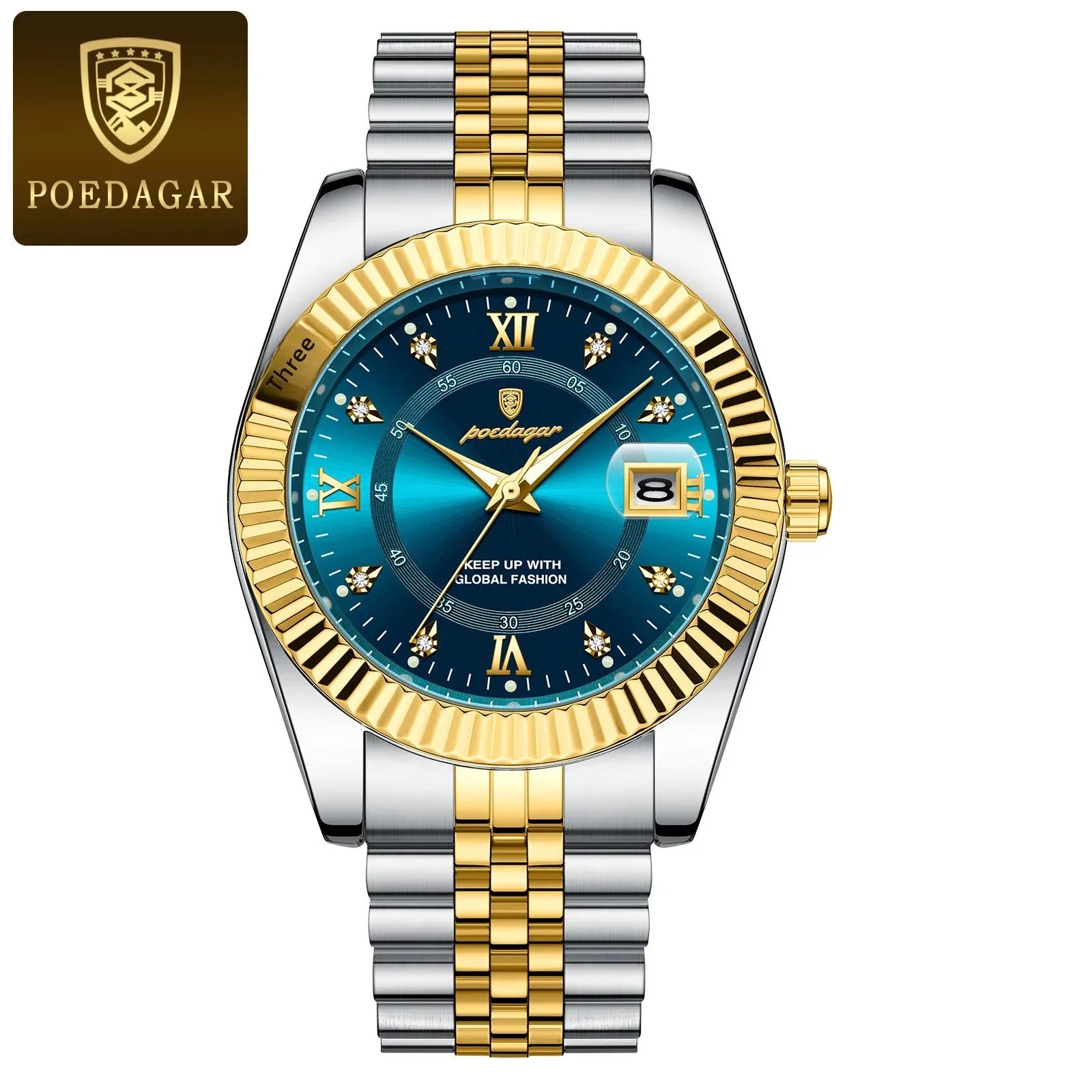 Men's quartz watch front view with blue dial, gold accents, two-tone stainless strap, date