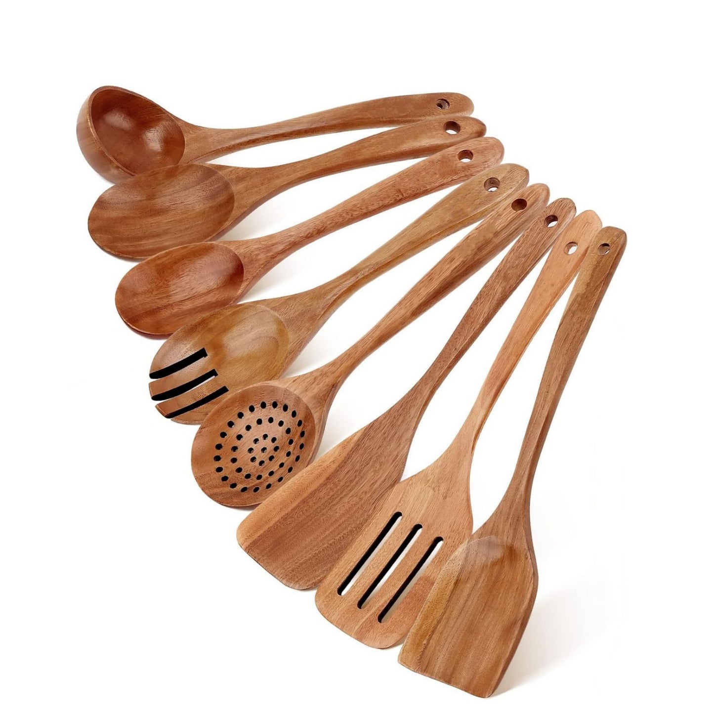 Wooden kitchen utensils set with serving spoons, slotted spatulas, and perforated strainer spoon