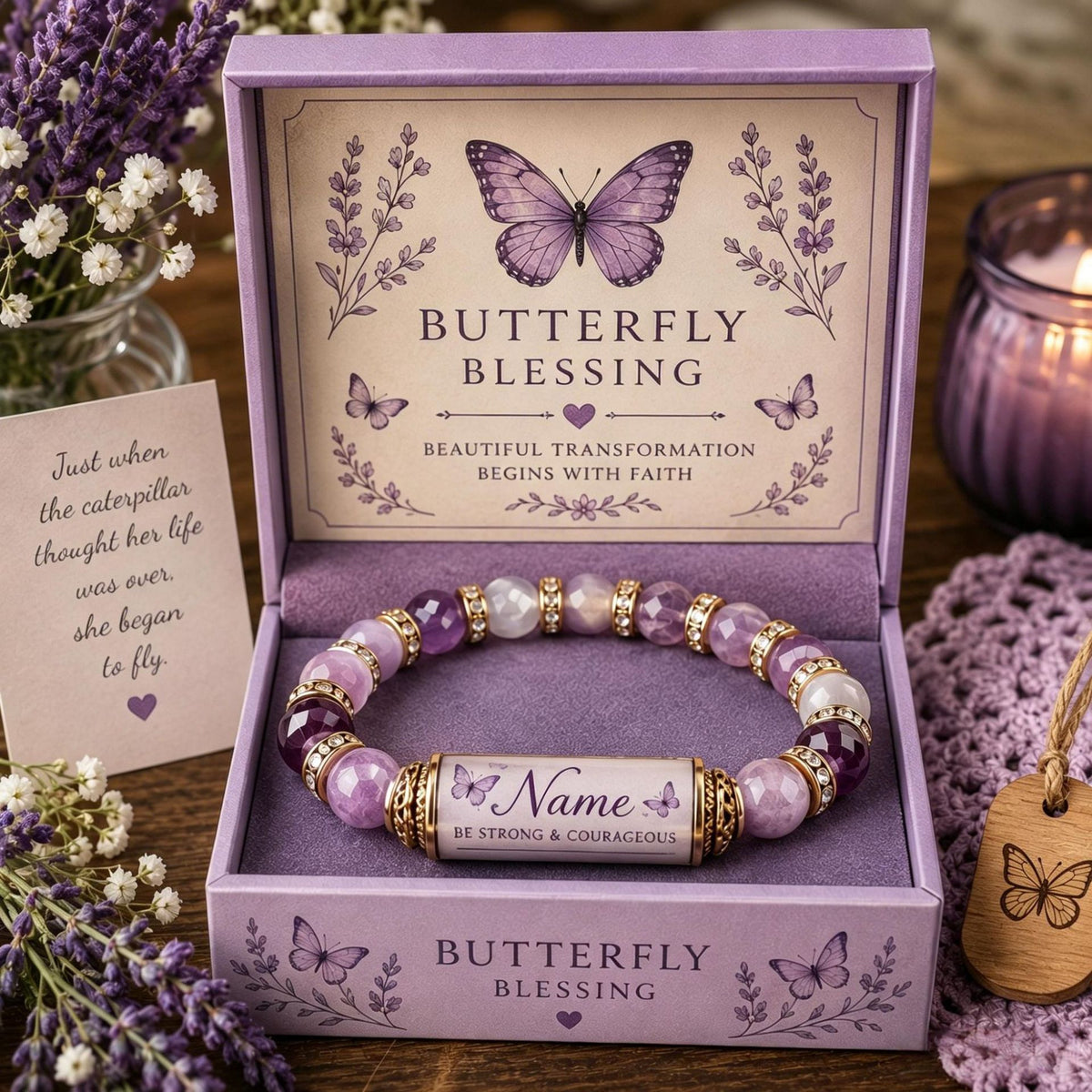 Butterfly-themed beaded elastic bracelet with purple beads, pearl accents, and name tag charm