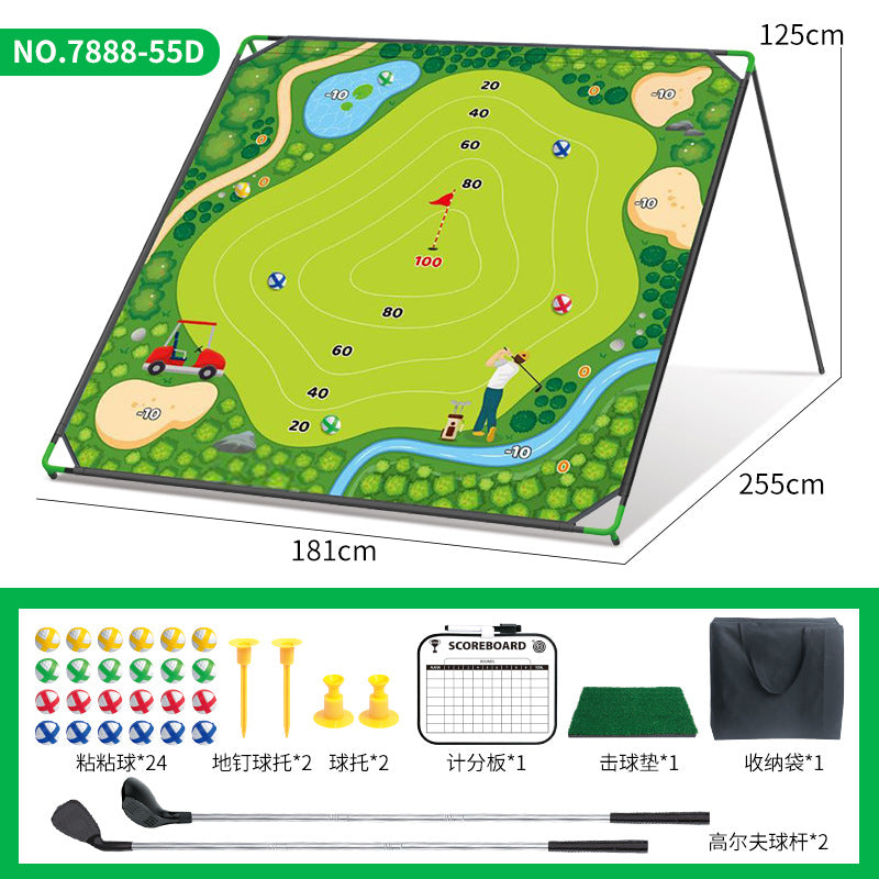Children’s golf game mat with stand, green scoring course and numbered targets.