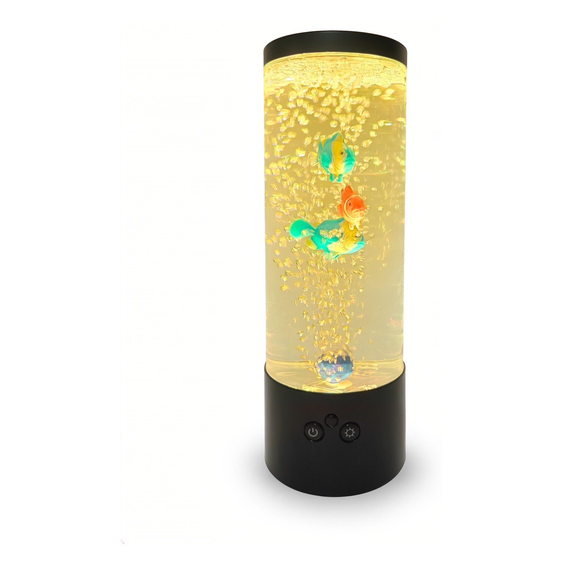 Color-changing bubble fish aquarium lamp with black base, golden glowing tube and colorful fish