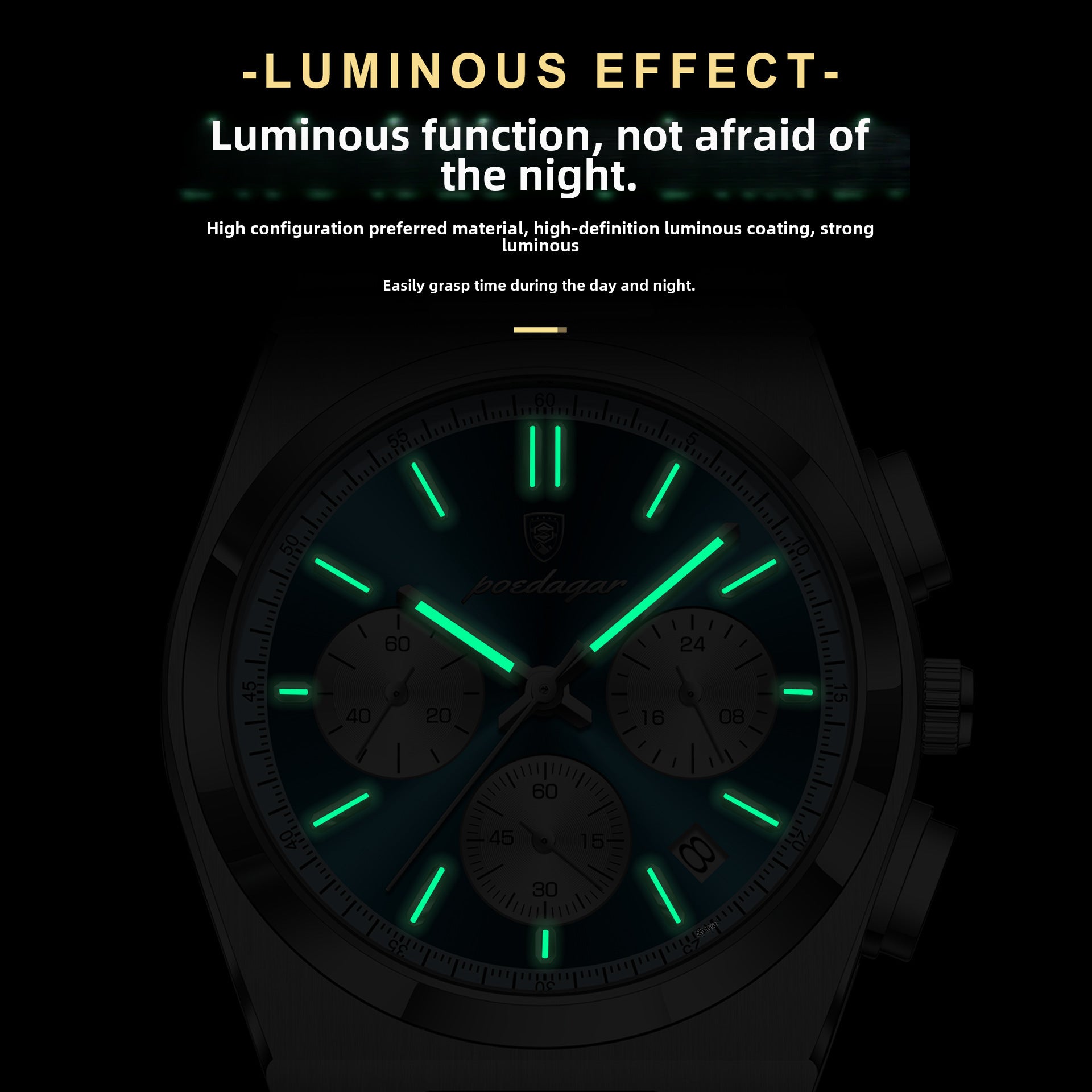 Quartz chronograph watch with dark dial, glowing green luminous hands and markers
