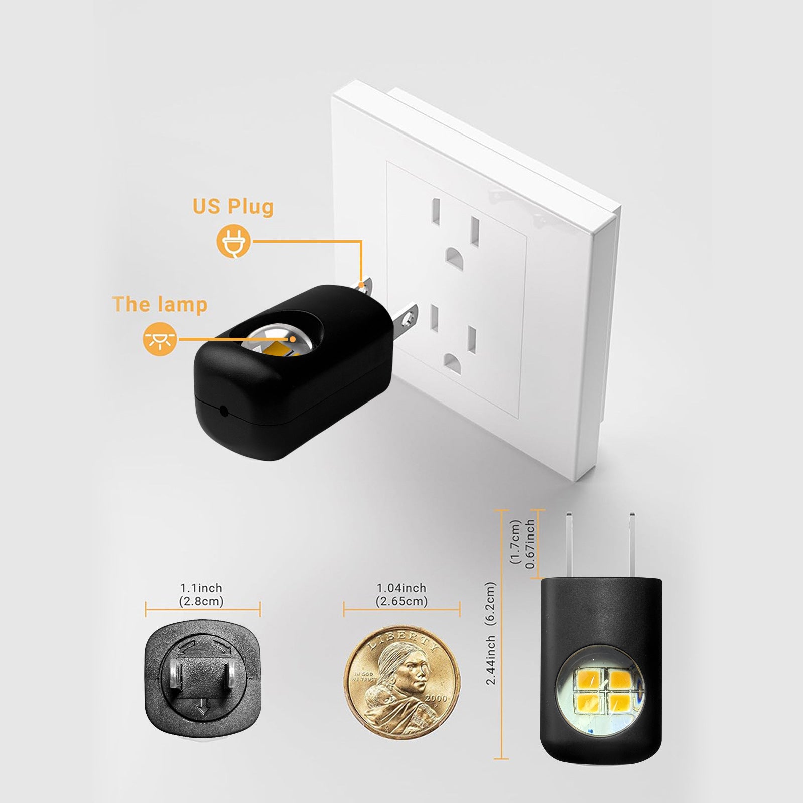 Motion sensor plug-in night light with black body and visible LED light core