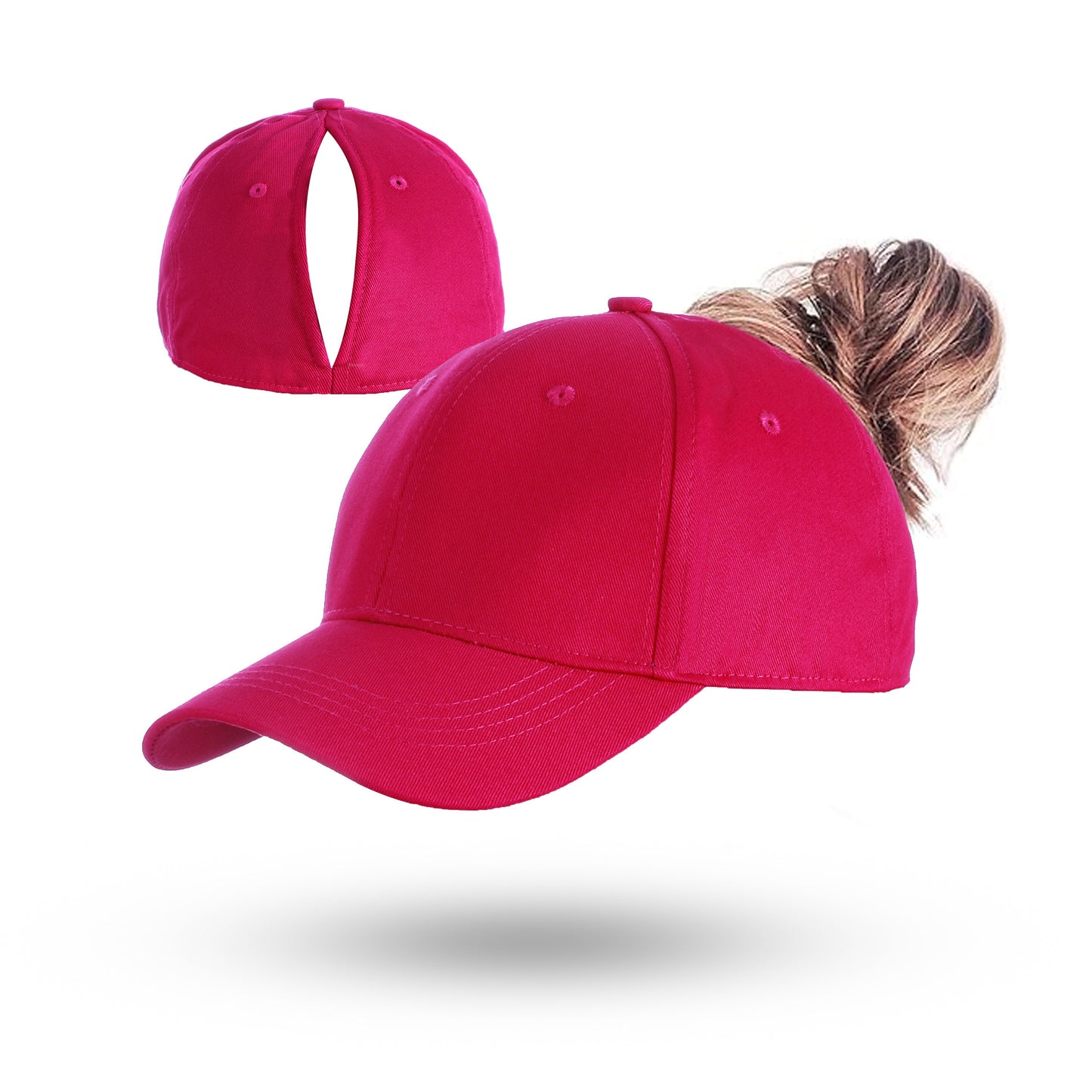 Magenta ponytail baseball cap with open back and adjustable button details