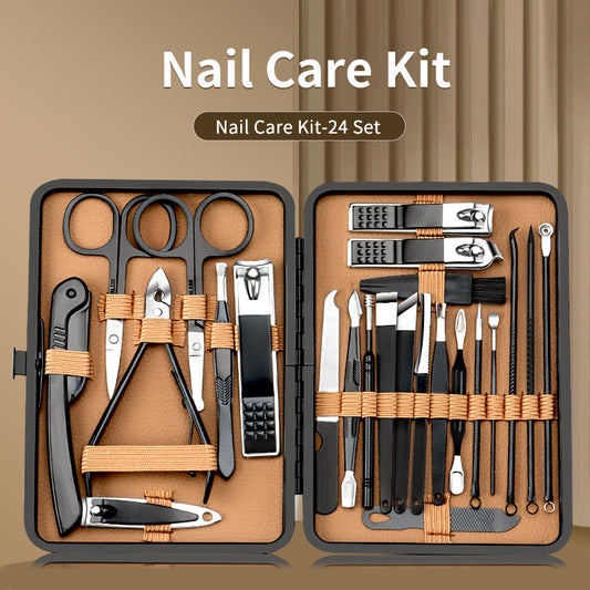 Professional nail clipper grooming tool set in tan case, 24-piece kit with stainless tools