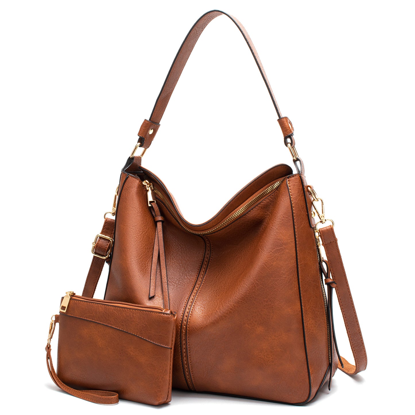 Brown PU leather hobo crossbody bag with top handles and zip front pocket