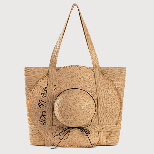 Apricot straw woven tote bag with round hat decoration and long handles