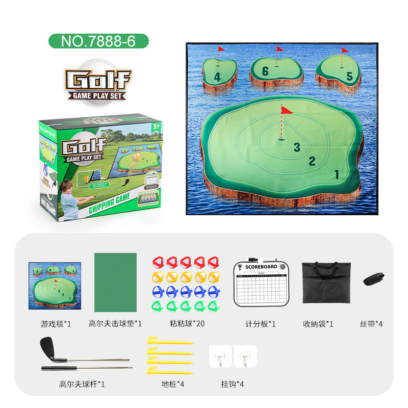 Golf game play set with green chipping mat numbered 1–6 and product box contents.