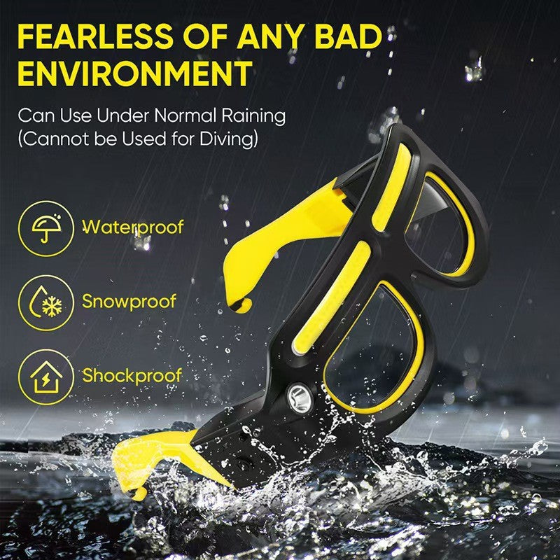 Yellow and black LED headlamp glasses with illuminated light bars, shown with water splash