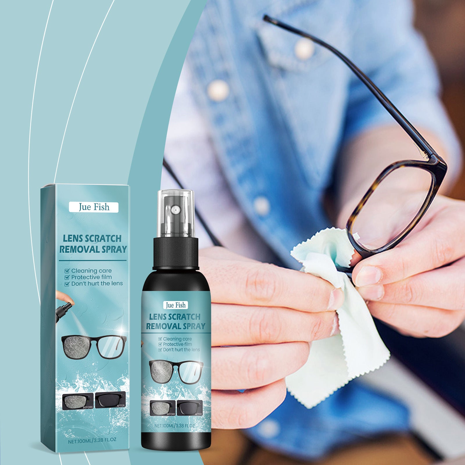 Lens scratch removal spray bottle and box, wiping eyeglasses with cloth