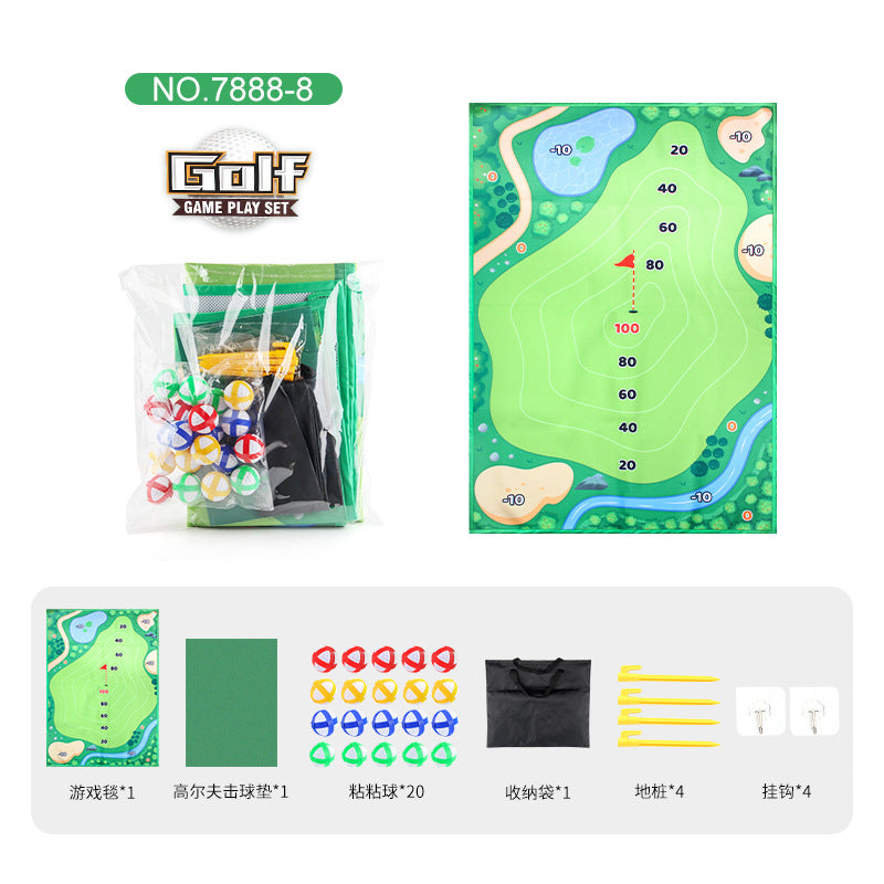 Children's golf play mat with scoring map and included clubs, balls, and storage pouch