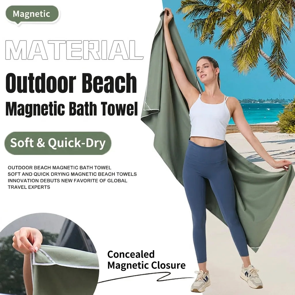 Olive quick-dry microfibre beach towel, folded and held for use