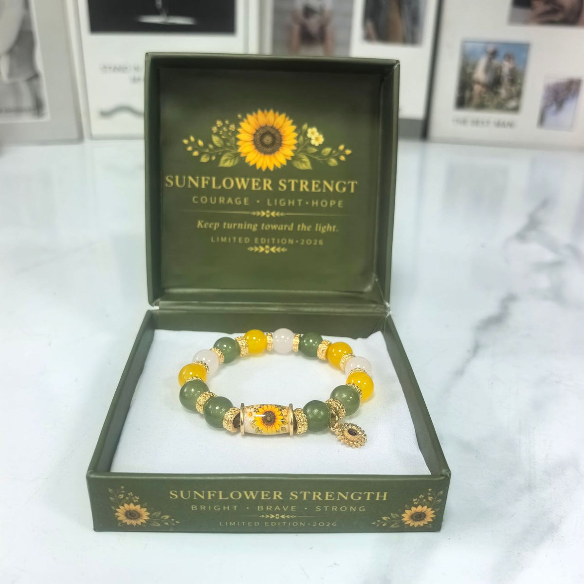 Beaded lucky bracelet with green and gold beads, sunflower charm, and elastic fit
