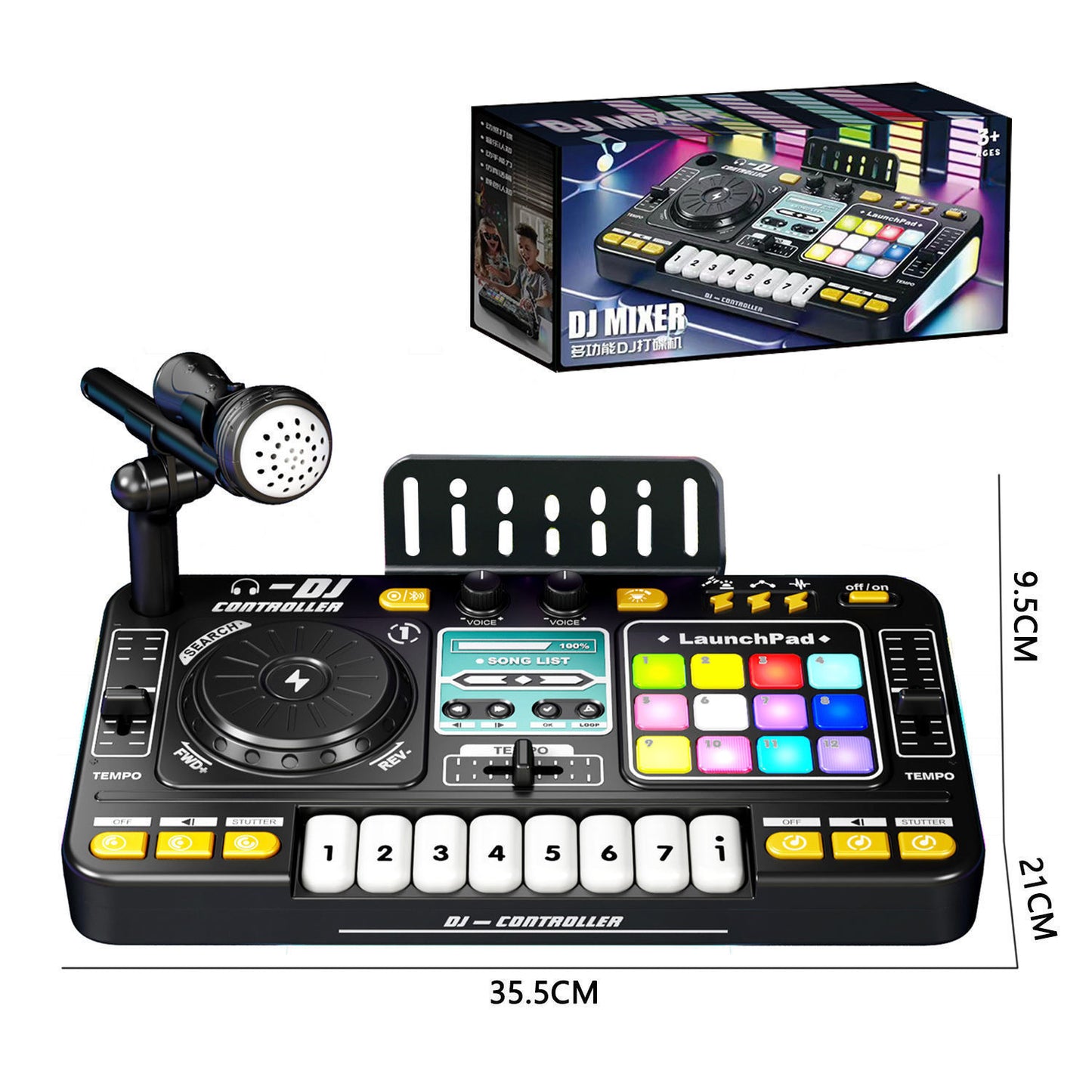 Children's DJ turntable music toy with microphone, black controller with colorful pads