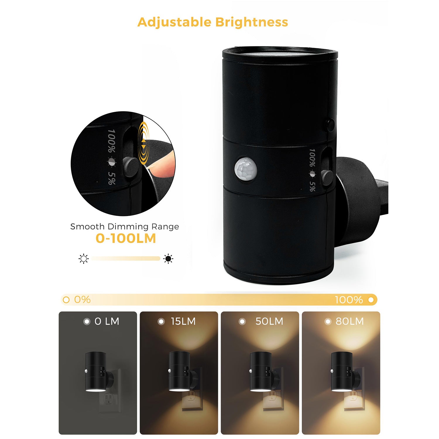 Black motion sensor LED night light with adjustable brightness and circular sensor