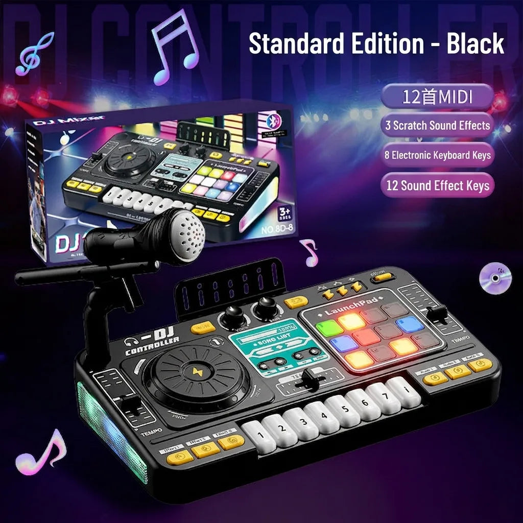 Children’s DJ turntable music toy with microphone, black console and colorful launchpad
