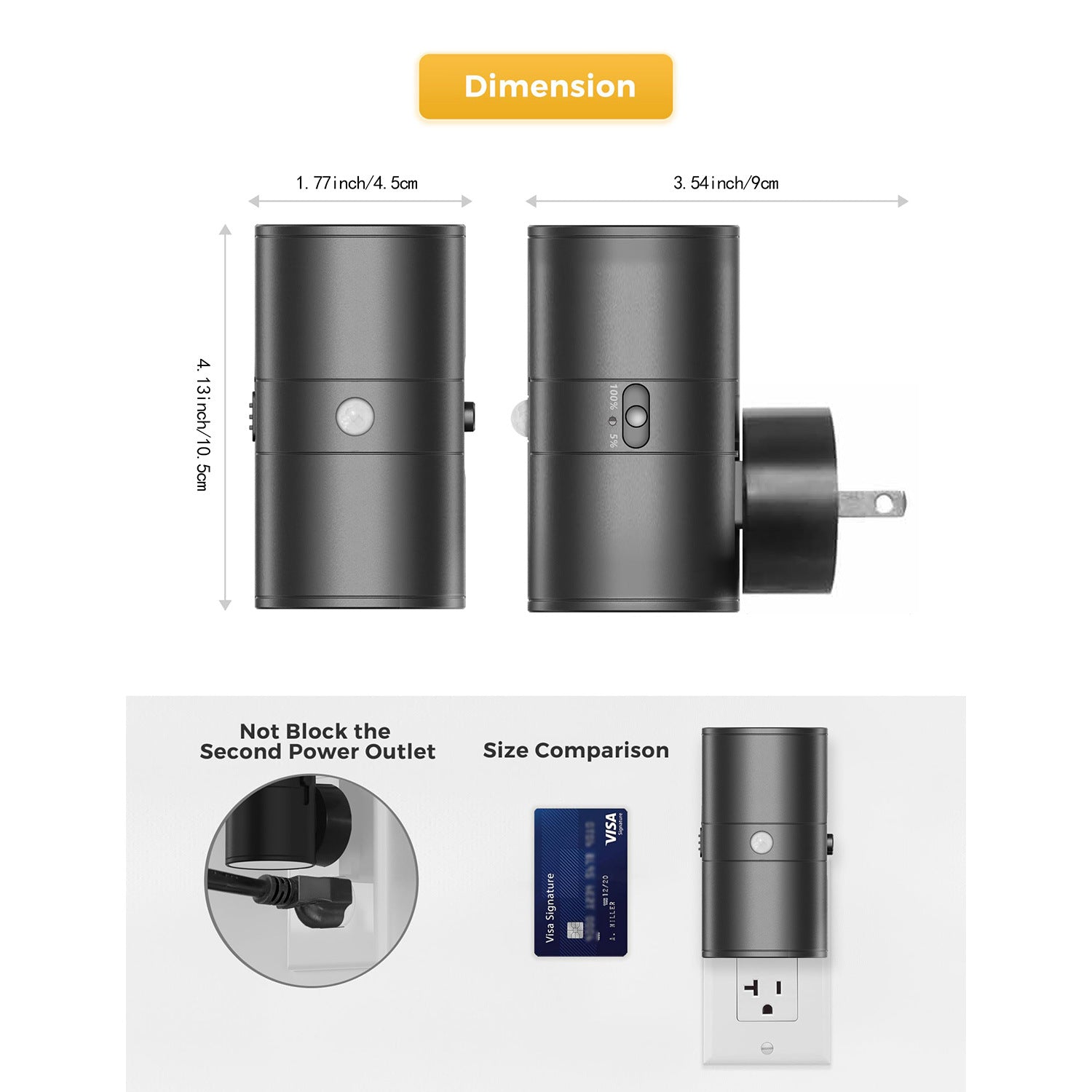 Black motion sensor LED night light with wall plug and size comparison view