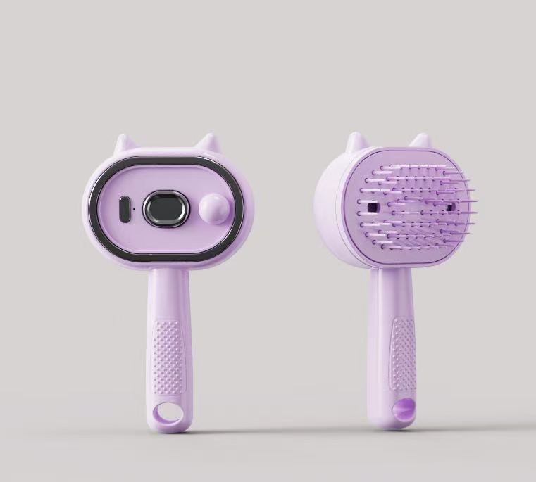 Set of lavender electric spray hair combs showing sprayer base and brush side