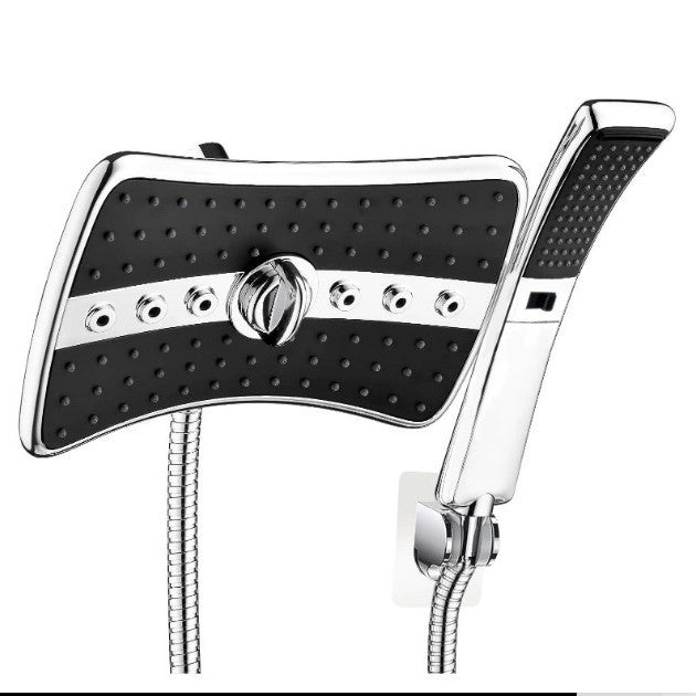 Chrome handheld shower head with black spray face and flexible hose connection