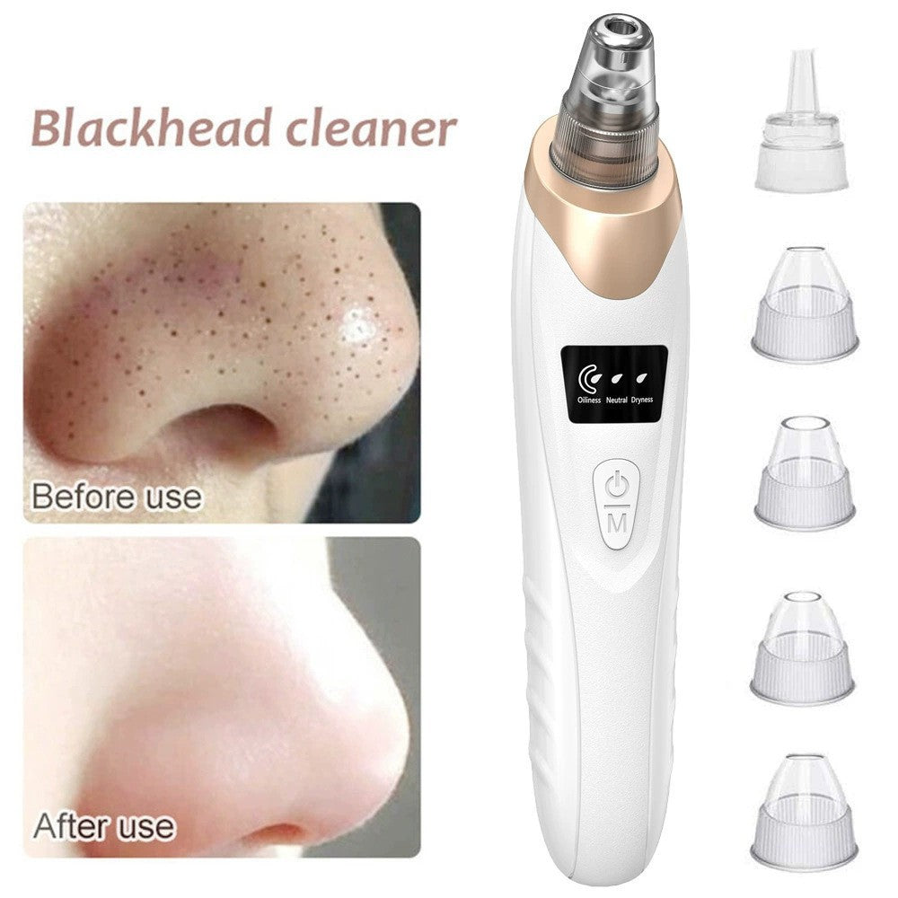 Rechargeable pore vacuum blackhead remover, white handle with gold suction tip and buttons