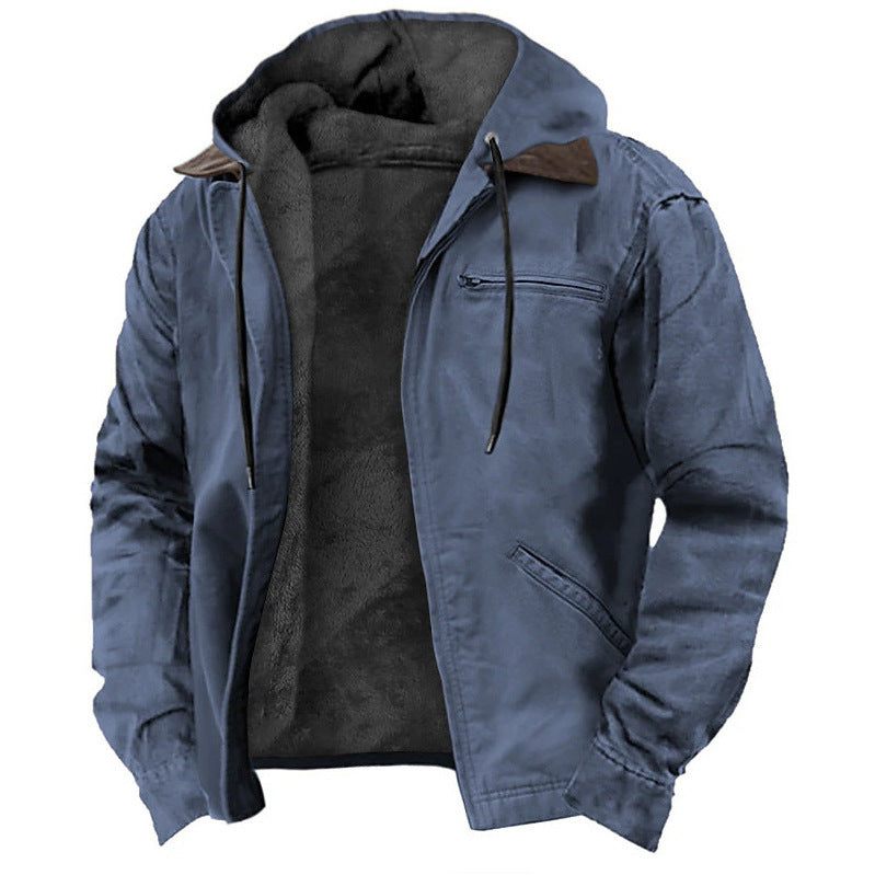 Fleece-lined zip-up hoodie jacket, blue, hood, front zipper, side pockets