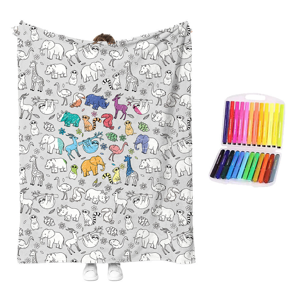 Pet-and-animal washable coloring blanket, light gray; includes rainbow color pens