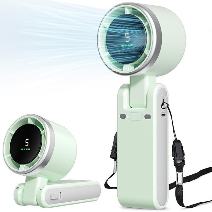 Light green handheld mini neck fan with circular grille, strap, and LED display
