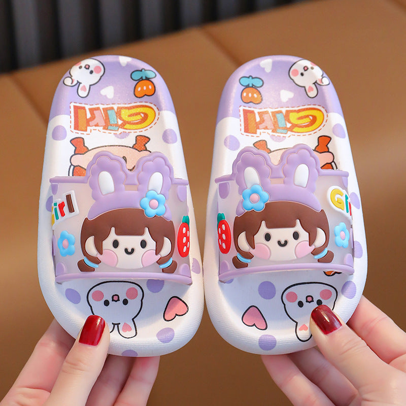 Lavender cartoon indoor slippers with kids faces and bow flowers, soft slide sandals